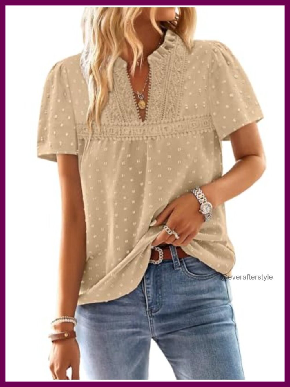 Womens Boho V-Neck Ruffle Short Sleeve Swiss Dot Tunic Blouse